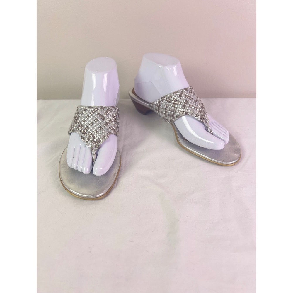 Söfft Woven Leather Sandals 8 Silver Metallic Thong Slide Boho Classic